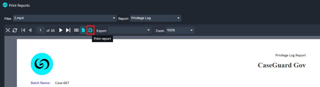 Screenshot of a Print Reports UI with the Print report button highlighted; shows file selector, Privilege Log report, and a sample CaseGuard Gov report header with logo on the left.
