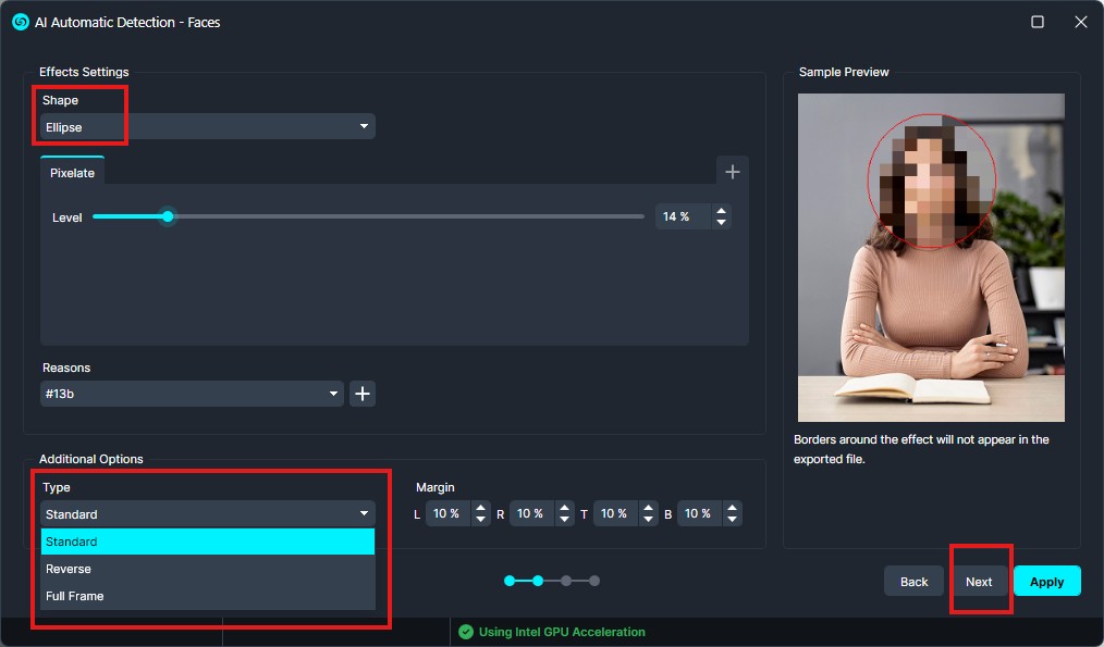UI panel showing AI face detection settings: Shape = Ellipse; Pixelate level 14%; Type = Standard; Next button highlighted; sample preview with a circled blurred face nearby.