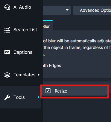 Dark app UI with a left-hand navigation panel showing items (AI Audio, Search List, Captions, Templates, Tools); the 'Resize' option is highlighted with a red outline and blue accent.
