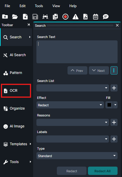 Screenshot of a dark software interface; OCR option in the left sidebar is outlined in red.
