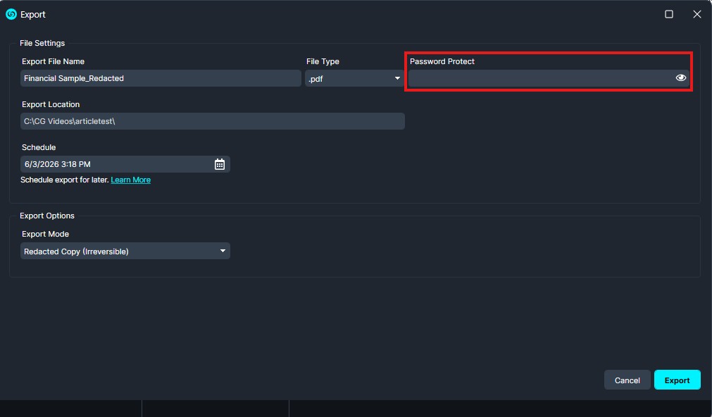 Export dialog with Password Protect highlighted to secure the file. (filename: Financial Sample Redacted, type: .pdf)