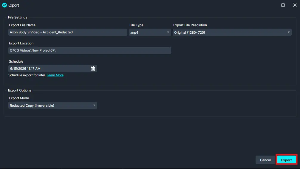 Export | CaseGuard Export settings dialog: file name, type, and location fields shown with an Export button highlighted on the lower right (blue outline).แตก