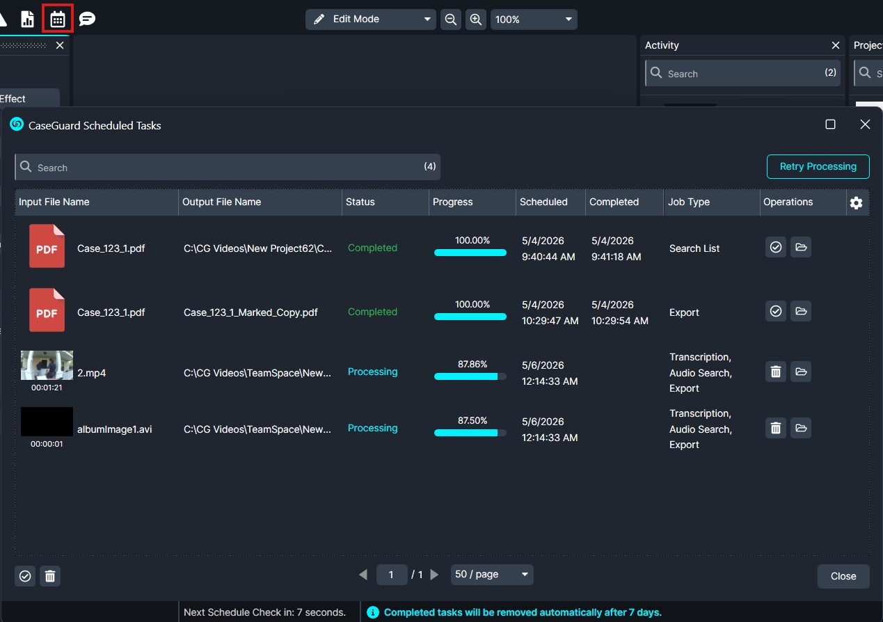 CaseGuard Scheduled Tasks panel showing four jobs with input/output files, status bars (Completed/Processing), schedules, and action icons in a dark UI.