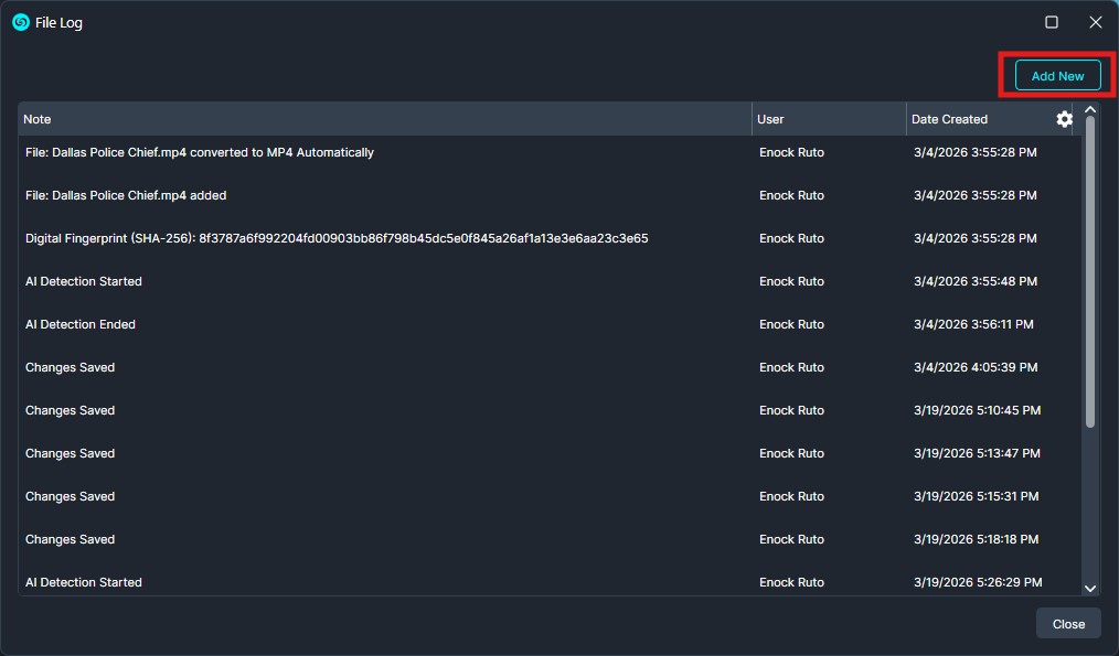 Dark File Log dialog with a list of notes (Note, User, Date Created) and a highlighted Add New button in the upper-right corner.