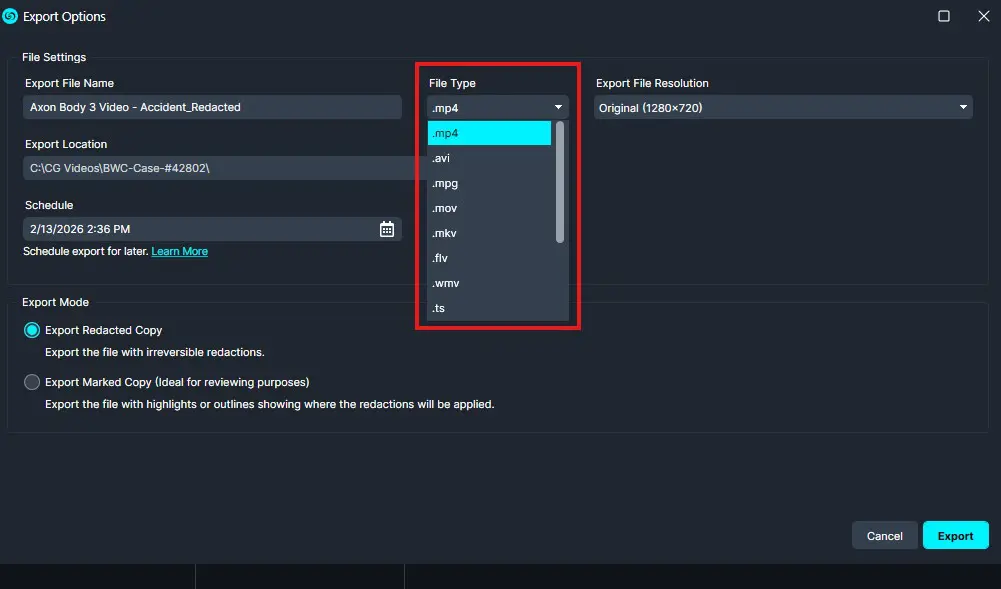 export-dropdown-new | CaseGuard Screenshot of Export Options dialog. Left column shows Export File Name (Axon Body 3 Video - Accident_Redacted), Export Location (C:CG VideosBWC-Case-#42802), Schedule, and Export Mode (Export Redacted Copy) selected. Right column shows File Type dropdown with .mp4 highlighted and Export File Resolution Original (1280x720). Cancel and Export buttons at bottom.