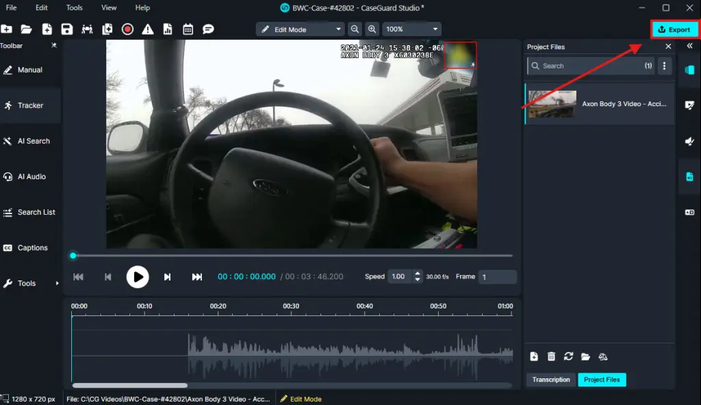 export-new | CaseGuard Screen capture of a video editing app showing a dashcam video of a car interior with steering wheel, timeline, and project panel on the right (Export highlighted).