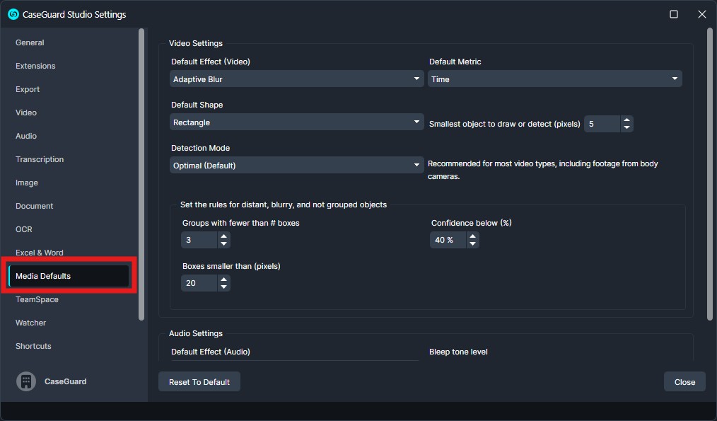 media defaults | CaseGuard CaseGuard Studio Settings window with Media Defaults highlighted in the left menu; shows Video and Audio settings panels nearby.