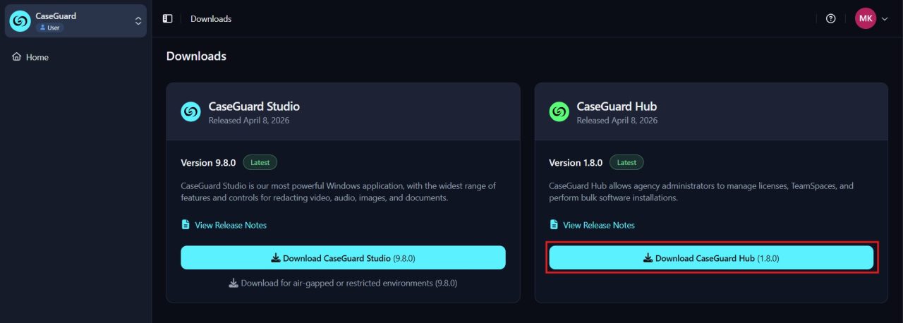 Downloads page showing two product cards: CaseGuard Studio and CaseGuard Hub with download buttons available for version 9.8.0 and 1.8.0 respectively.