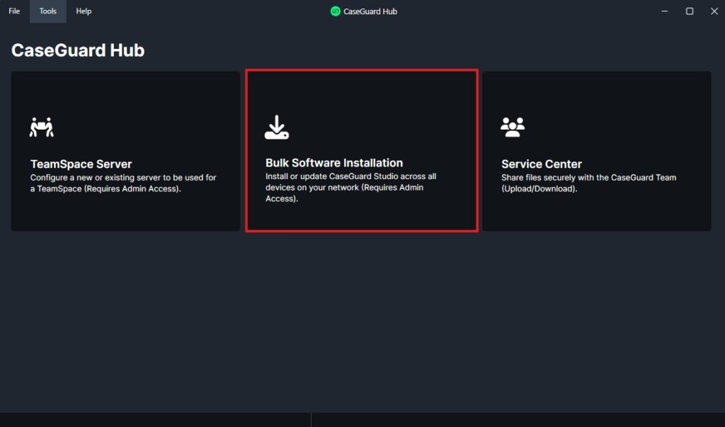 CaseGuard Hub dashboard with three options: TeamSpace Server, Bulk Software Installation (highlighted), Service Center.