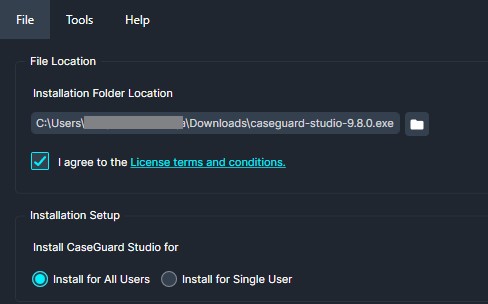Installer window with Installation Folder Location showing path C:Users...Downloadscaseguard-studio-9.8.0.exe, a checked 'I agree to the License terms and conditions' box, and Install CaseGuard Studio for All Users selected (vs. Single User).