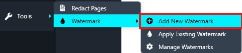 new-watermark | CaseGuard Dropdown menu in a design app showing Watermark options;'Add New Watermark' is highlighted.