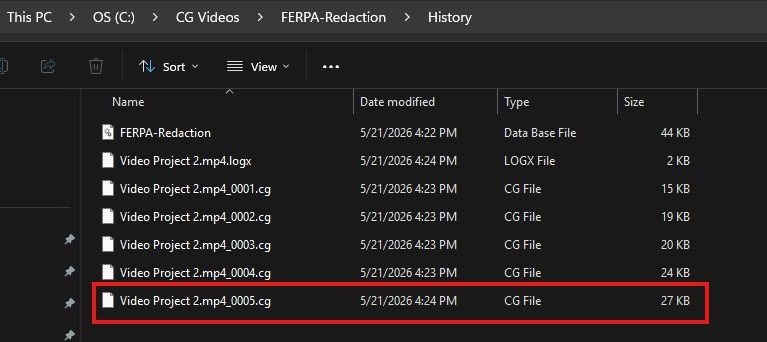 Windows File Explorer listing with Video Project 2.mp4_0005.cg selected among video project CG files (27 KB).