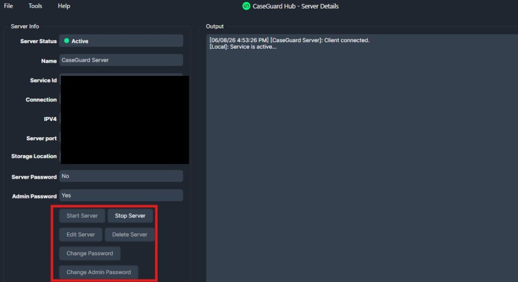 Server-configuration | CaseGuard Left pane shows CaseGuard Server info with status 'Active' and management buttons (Start, Stop, Edit, Delete, Change Password); right pane displays server output logs.