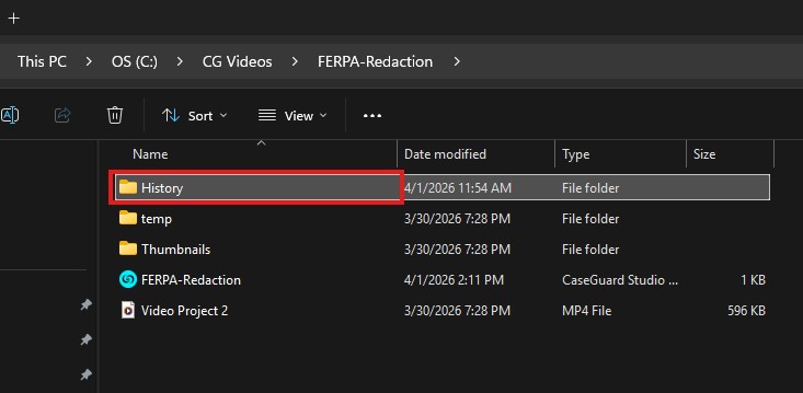 history-folder | CaseGuard Windows File Explorer window with the History folder selected (highlighted with a red outline) among other folders like temp, Thumbnails, FERPA-Redaction, and Video Project 2