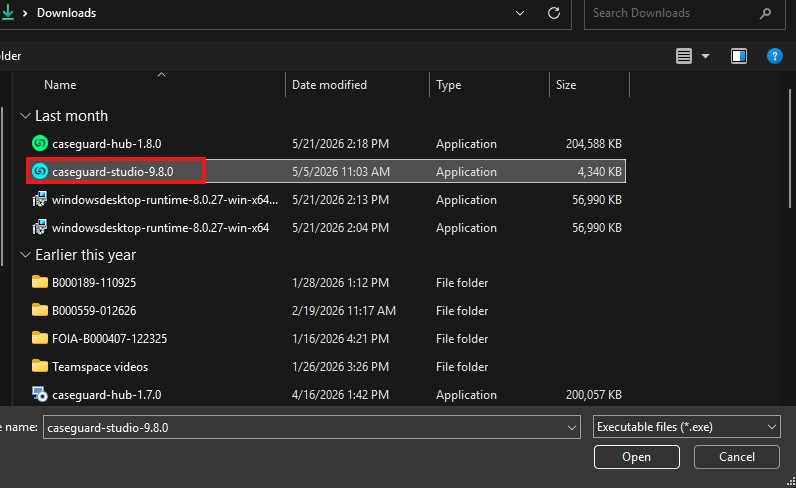Downloads window showing files; 'caseguard-studio-9.8.0' is selected, with 'Open' button available to run the executable.