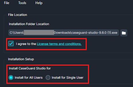Installer screen showing file path, a checked 'I agree to the License terms and conditions' box, and installation scope options with 'Install for All Users' selected for CaseGuard Studio setup.