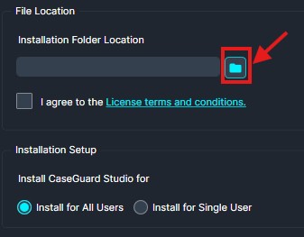 Installer dialog showing Installation Folder Location with a Browse (folder) button, a license terms checkbox, and install-for-all-users vs single-user options.