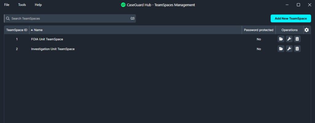 teamspace-projects | CaseGuard TeamSpaces management window listing two spaces: 'FOIA Unit TeamSpace' and 'Investigation Unit TeamSpace', both not password protected, with action icons on the right.
