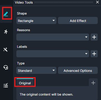 Screenshot of a video tool panel with a highlighted pencil icon on the left; shows Shape: Rectangle, Type: Standard, and Original selected (content toggle).