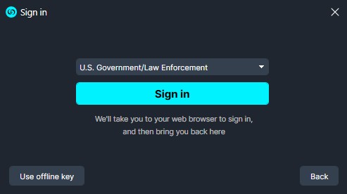 sign-in | CaseGuard Authentication modal to sign in; select user type (e.g., U.S. Government/Law Enforcement) and click Sign in to continue. Use offline key option available.
