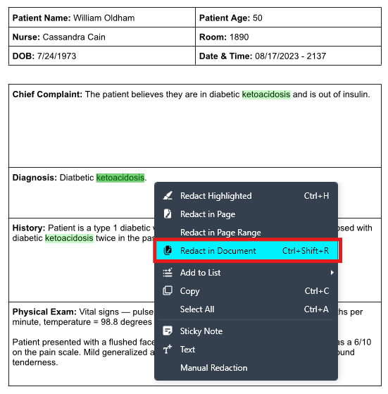 Medical record page showing patient details (William Oldham, age 50) and sections for Chief Complaint and Diagnosis with the term ketoacidosis highlighted; a right-click context menu with 'Redact in Document' selected.