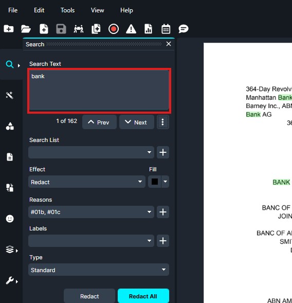 Screenshot of a PDF editor's search panel; 'bank' is typed and highlighted in a red-bordered box, with navigation like 1 of 162 and Prev/Next visible.