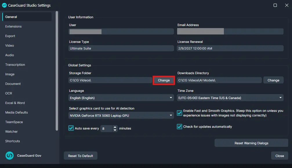Export-location | CaseGuard CaseGuard Studio Settings window (General tab) showing user info, license type, storage and download folders, language, time zone, and GPU options.