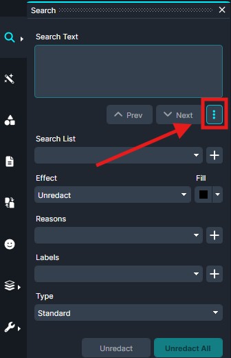 Dark-themed search panel titled 'Search' with fields for Search Text, Search List, Effect, Reasons, Labels, and Type; a vertical ellipsis overflow menu button is highlighted on the right.