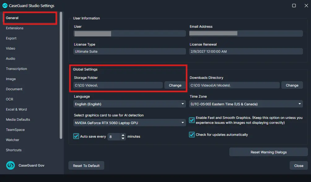 Tools-General-1 | CaseGuard CaseGuard Studio Settings window showing General and Global Settings, with storage and downloads folders (C:CG Videos) and language options.