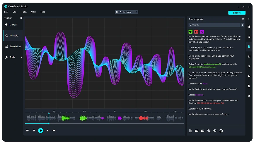 CaseGuard's call center software helps you redact audio 40x faster.