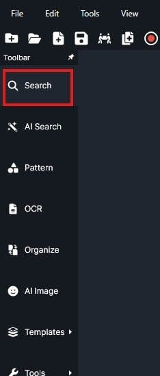 Screenshot of a dark app interface showing the left toolbar; the Search option (with a magnifying glass icon) is highlighted in red.