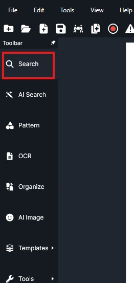 Screenshot of a dark app interface showing the left toolbar; the Search option (with a magnifying glass icon) is highlighted in red.