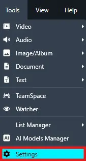 settings | CaseGuard Vertical sidebar navigation; Settings is highlighted at the bottom among options like Video, Audio, Image/Album, Document, Text.
