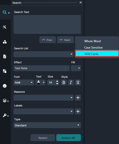 wildcards | CaseGuard UI panel showing search settings with the 'Wild Cards' option highlighted in a dropdown menu in a dark theme app