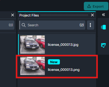 Project Files panel showing two image files: license_000013.jpg and license_000013.png, with the second item marked New and featuring a car thumbnail.