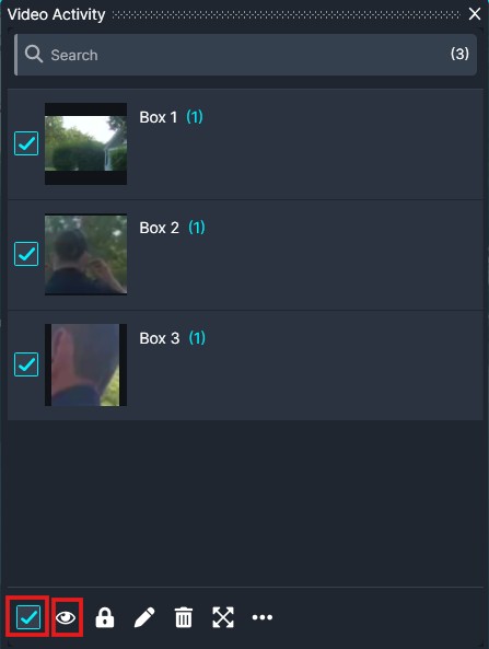 Video Activity panel with three items (Box 1–Box 3); left checkboxes show selections; thumbnails visible; bottom action bar with icons for common actions.