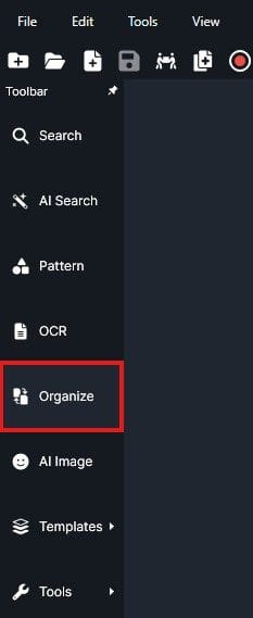 Screenshot of a document editor UI; left tool panel shows Search, Pattern, OCR, and Organize highlighted in red.