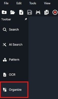 Organize Pages | CaseGuard Screenshot of a document editor UI; left tool panel shows Search, Pattern, OCR, and Organize highlighted in red.