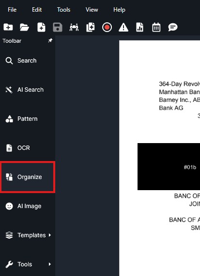 Screenshot of a document editor UI; left tool panel shows Search, Pattern, OCR, and Organize highlighted in red.