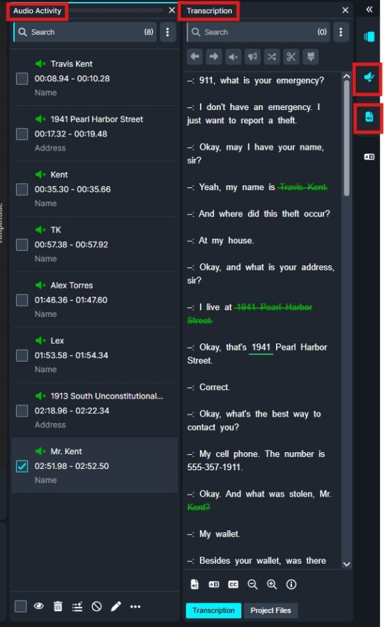 Screenshot of a transcription app with two panes: left shows audio activity with names and time stamps, right shows the transcription text.
