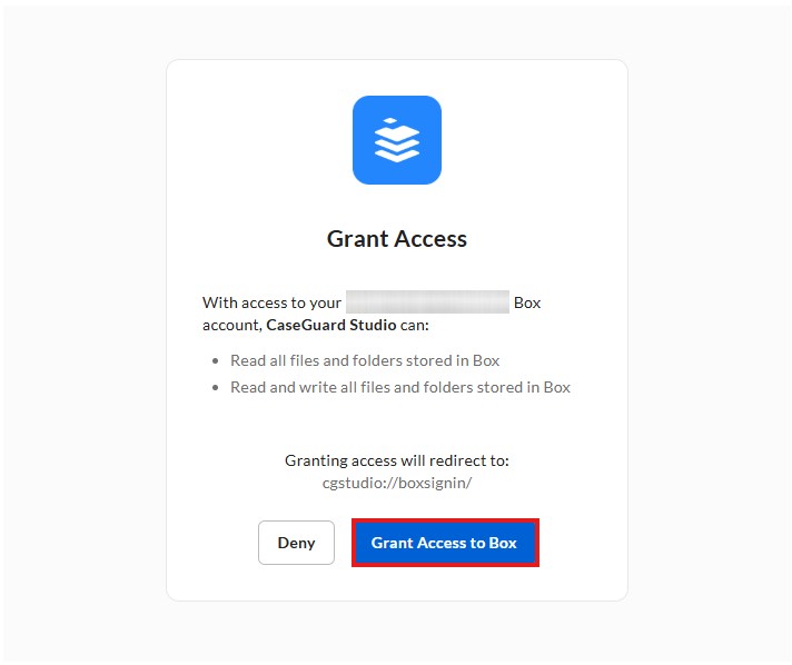 Box-Access | CaseGuard Grant Access dialog for Box in CaseGuard Studio; allows reading and writing Box files; buttons Deny and Grant Access to Box.