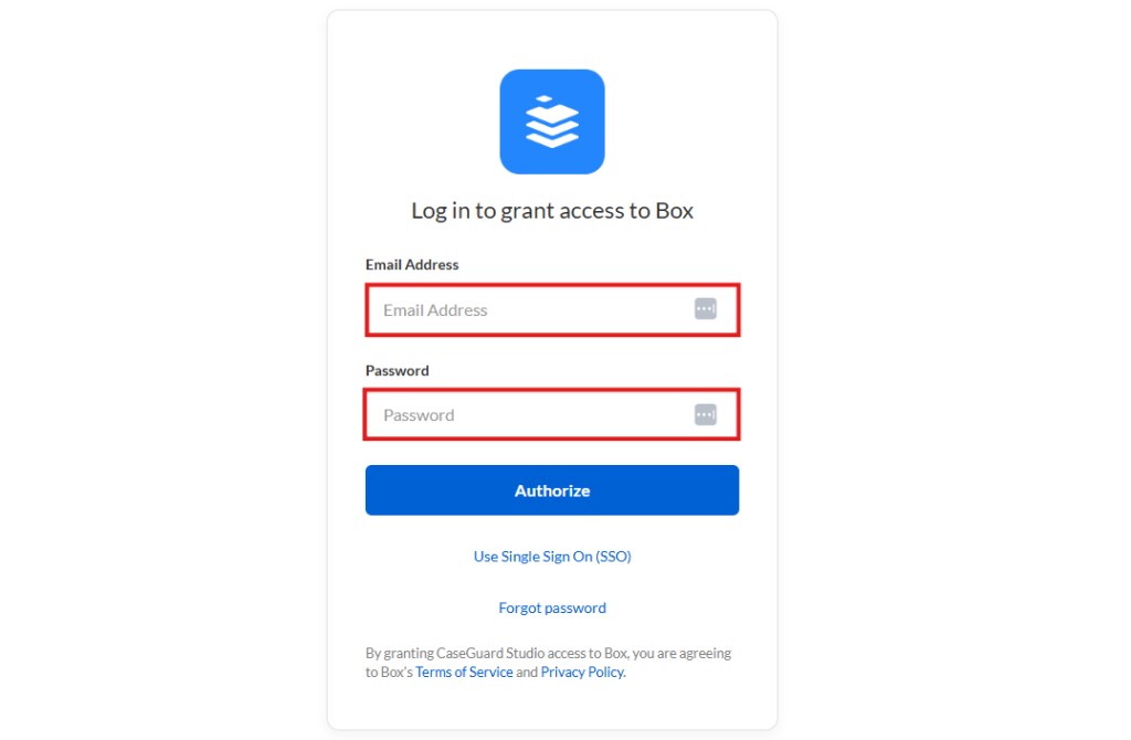 Box login form with email and password fields highlighted; blue Authorize button below; options for SSO andForgot password links visible.