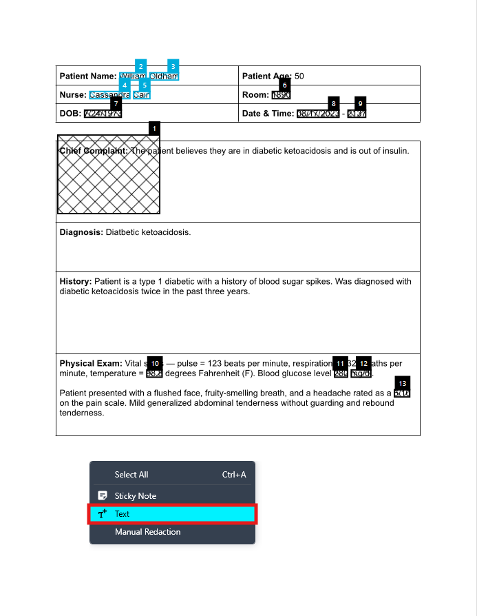 Document-Text | CaseGuard Blank patient chart form with fields for name, age, nurse, room, DOB, date/time, chief complaint, diagnosis, history, and physical exam; text selection menu visible.