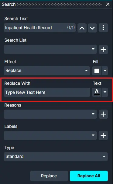 Search dialog for Inpatient Health Record with fields for Search List, Effect, and Replace With: Type New Text Here (text replacement UI)