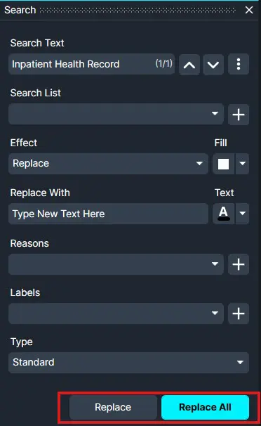 Dialog for text search/replace: shows Search Text 'Inpatient Health Record', options for Replace with 'Type New Text Here', and action buttons 'Replace' and 'Replace All' (plus other settings).