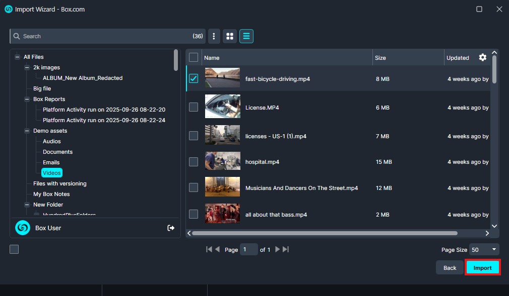 box10 | CaseGuard Box Import Wizard UI: left file tree and right file list with checkboxes, showing 'Import' button highlighted at bottom-right and a selected video in the list