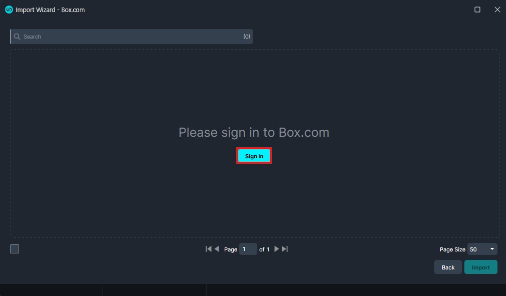 box2 | CaseGuard Box Import Wizard screen with a center message: 'Please sign in to Box.com' and a highlighted 'Sign in' button; dark UI with a search bar on top and page controls at the bottom.