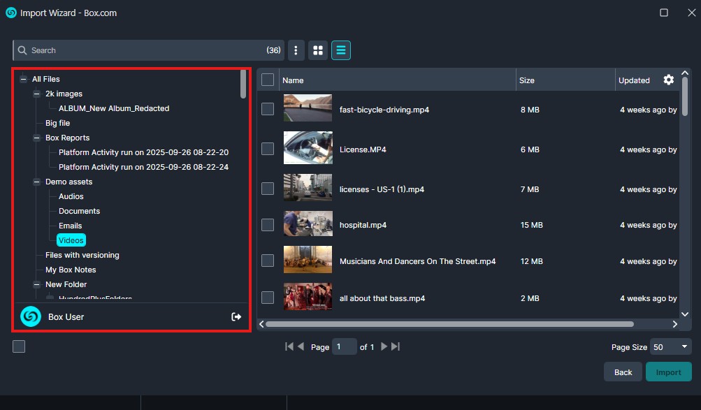 Import Wizard for Box.com with a left folder tree and a right list of video files ready to import (e.g., fast-bicycle-driving.mp4, License.MP4).
