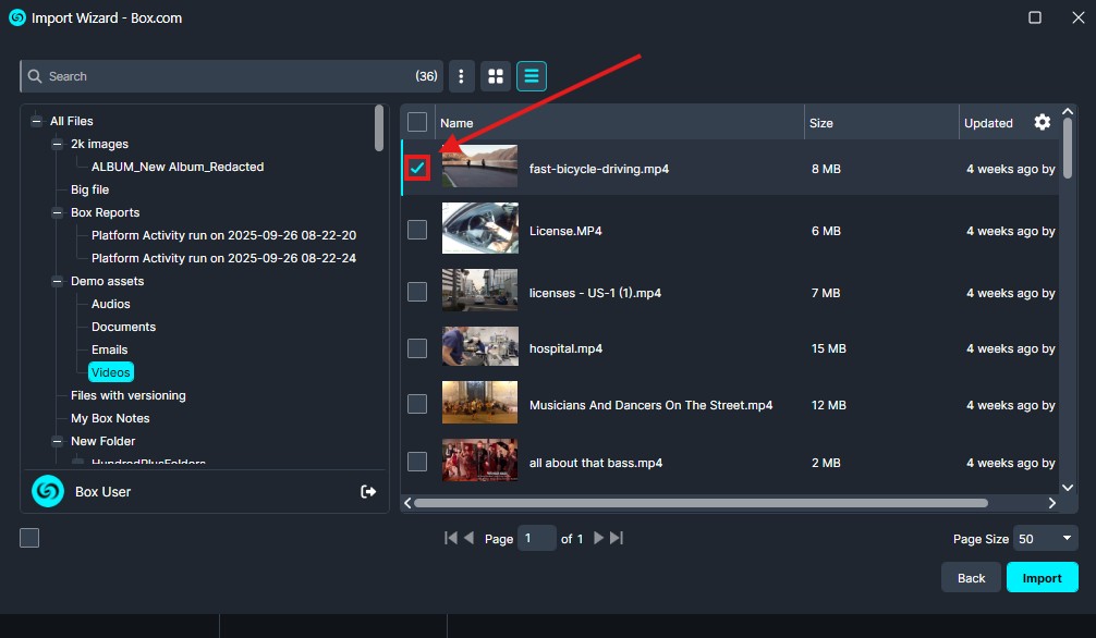 box8 | CaseGuard Box Import Wizard: file list with 'fast-bicycle-driving.mp4' selected (checkbox checked); other videos shown (License.MP4, hospital.mp4, etc.); Import button at bottom right.