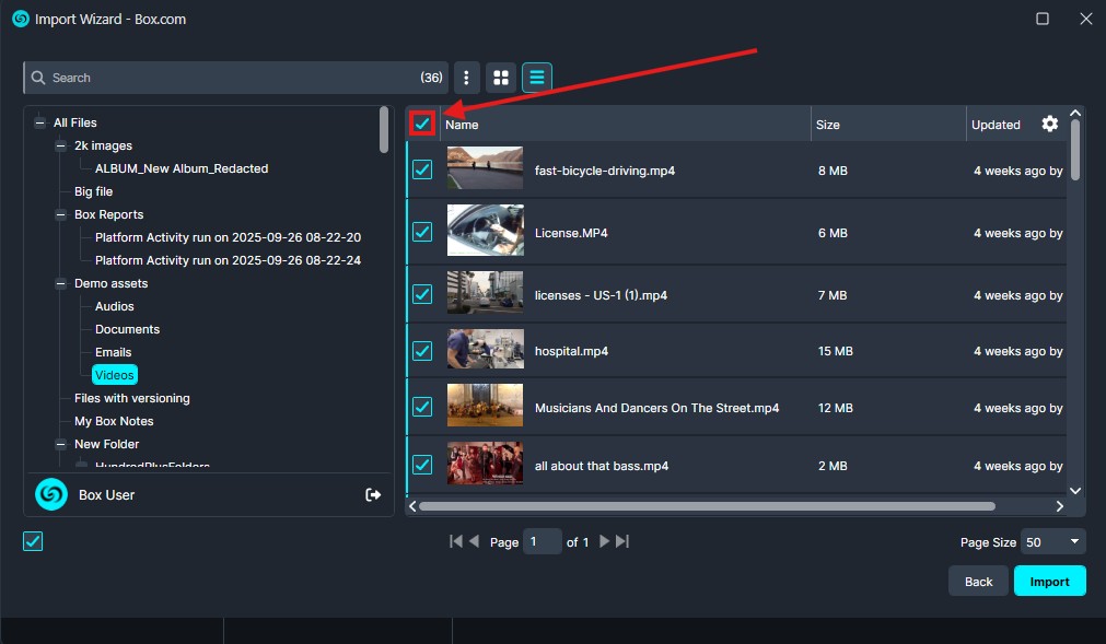 box9 | CaseGuard Box Import Wizard UI with left folder tree and right file list; several videos selected for import, showing file names and sizes.